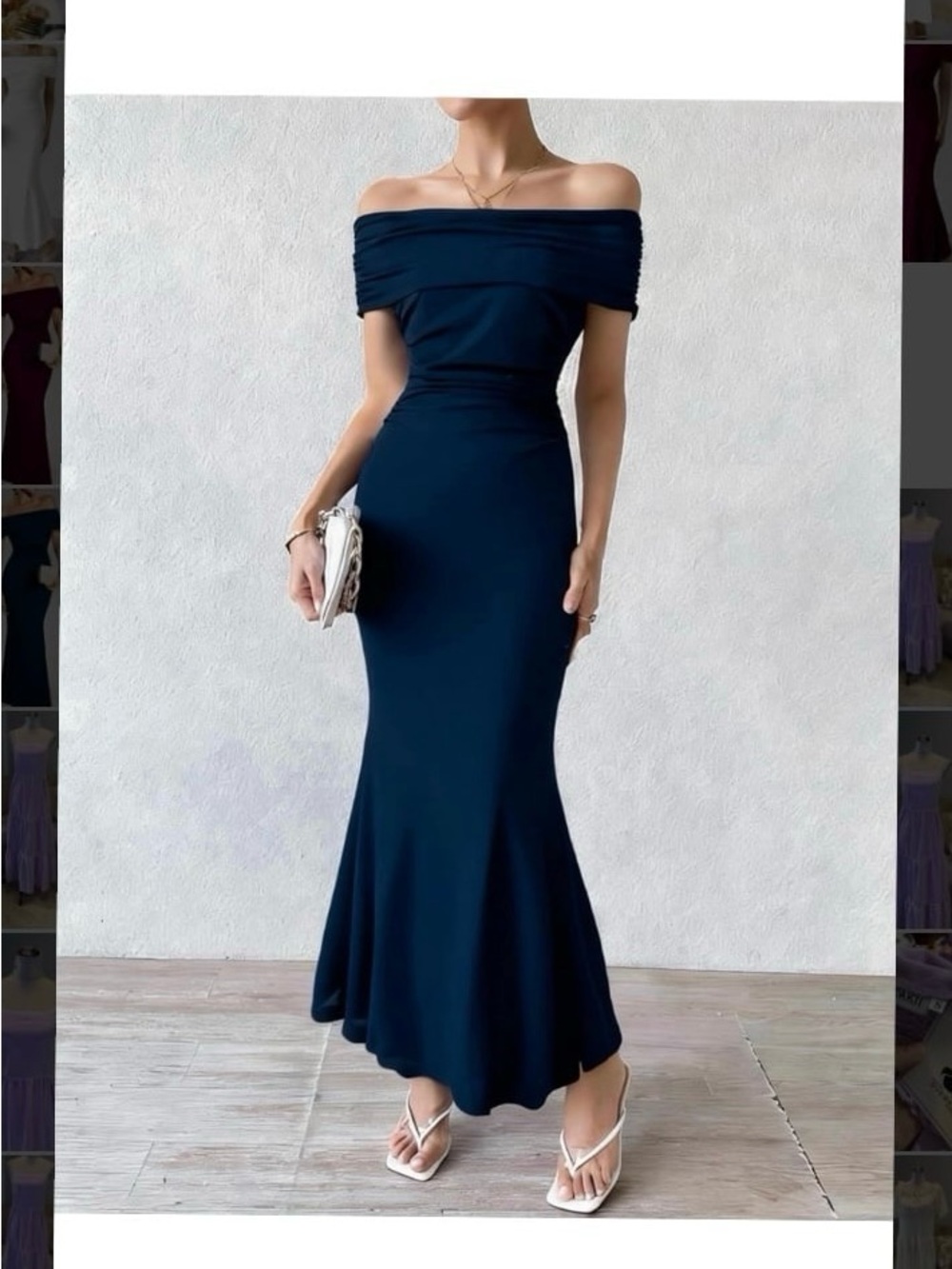 New Women Medium Off The Shoulder Navy Blue Ruched Formal Dress